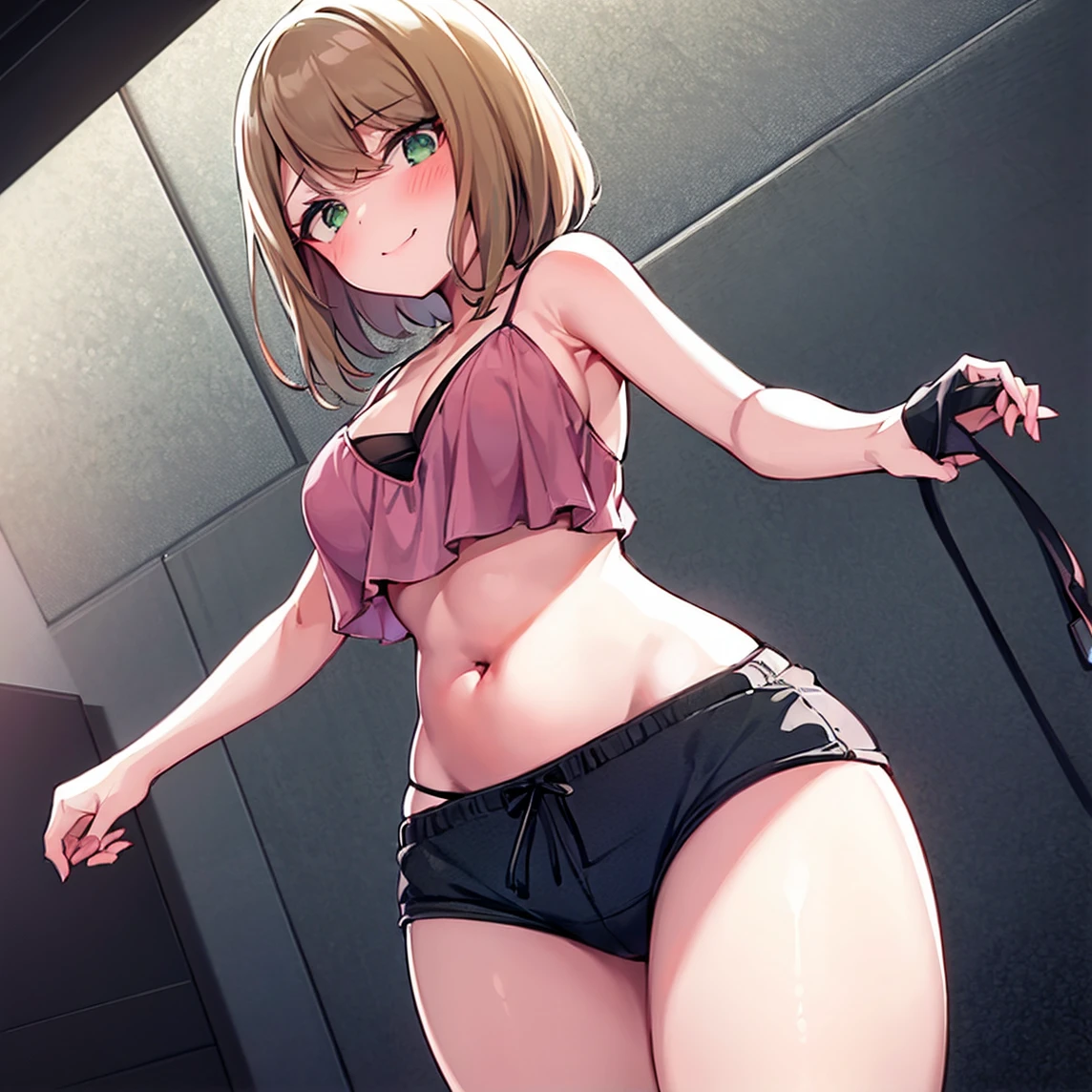 ((1girl)),((alone)),desumi magahara,(masterpiece), (best quality), (ultra detailed), (best illustration), (best shadow), (absurdities), sharp focus, cowboy photo , looking at viewer, big breasts, narrow waist, wide hips, wide thighs, round butt, dynamic posture, short hair, blonde hair, green eyes, underwear, shorts, panties, breasts, open fly, ribbon, navel, big breasts , pink camisole, cleavage, smile, bowknot panties, two sides up, abdomen, unbuttoned, black shorts, open shorts, denim, unbuttoned, seductive smile, closed mouth, (sexy pose: 1.2), alone, standing : 1.3, exterior, night, cityscape, city, streets, city lights, looking back, from behind, ((focus on hips), point of view (from below), red blush, perfect anatomy, perfect hands