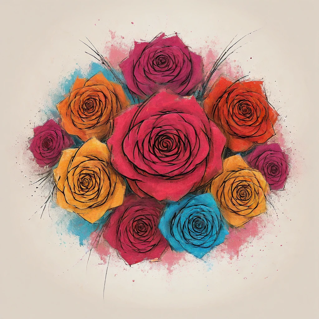 vectorial art, Colorful illustration with many roses in the center, swirly vibrant colors