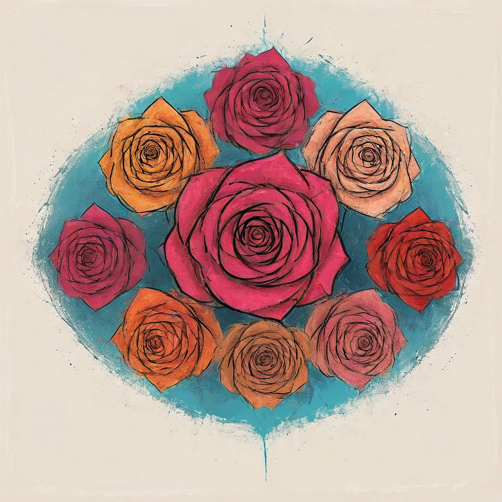 vectorial art, Colorful illustration with many roses in the center, swirly vibrant colors