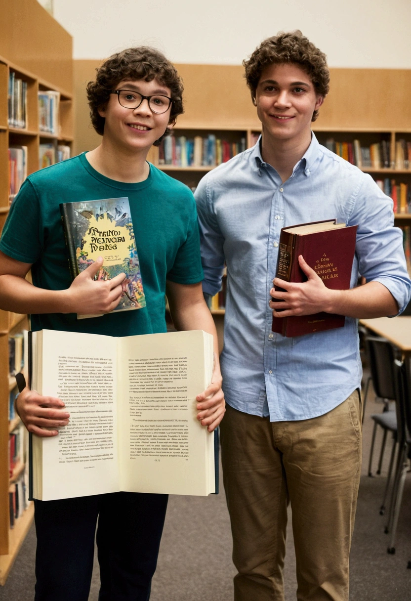 there are two people standing next to each other holding a book, the photo shows a great, candid photography, Photo, blurry photo, Holding notebook, candid shot, he is holding a big book, a poster, taken with a camera from the 2010s, catalog photo, holding a giant book, scientific photo, very precise photo, Student, cartoonist, Text book