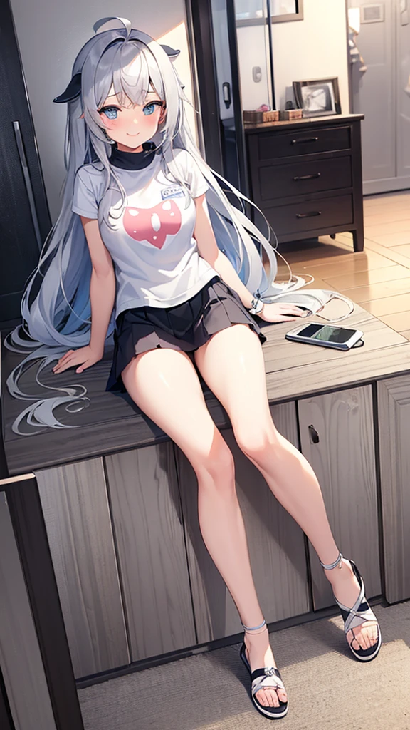 (detailed), it also has a cute whale tail, 17 year old young woman, cute, pretty and adorable, has beautiful long, bright gray hair, has a modern but cool and elegant clothing design, she really likes whales, therefore she has a whale design reference., grey hair, Ahoge, long hair, dilated pupils, BLUSH, smile, anime style, (best quality)), ((masterpiece))