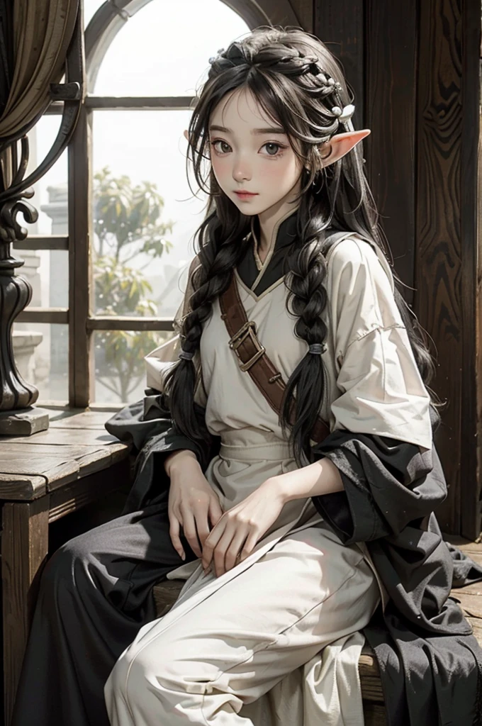 elf, young cute boy, long hair, braids, young, cute, ,medieval clothes, black and white clothes, jester, tanned skjin
