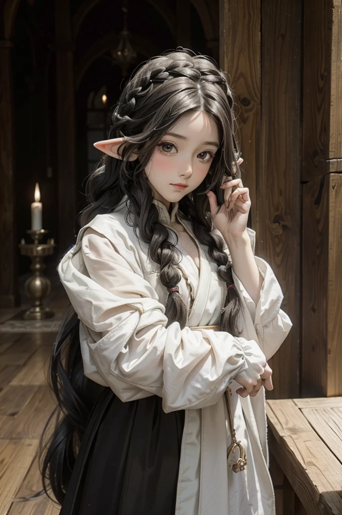 elf, young cute boy, long hair, braids, young, cute, ,medieval clothes, black and white clothes, jester, tanned skjin
