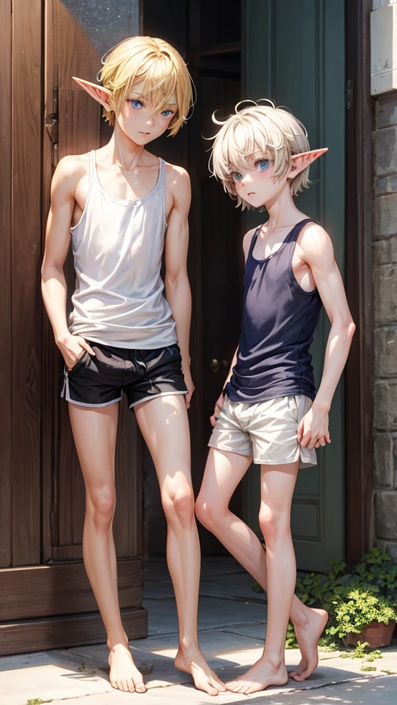 A thin twelve-year-old blond elf boy in a tank top and shorts barefoot