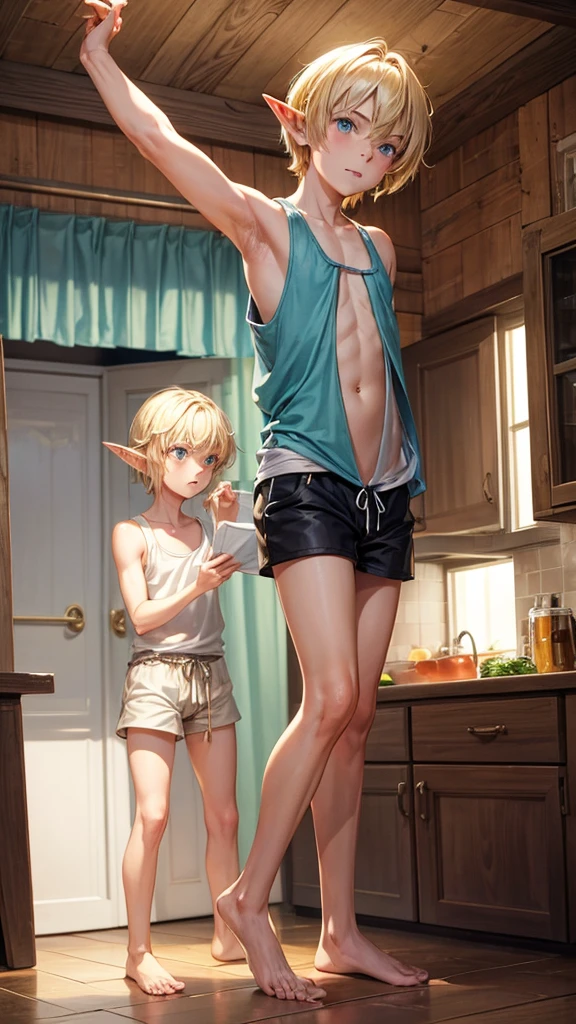 A thin twelve-year-old blond elf boy in a tank top and shorts barefoot