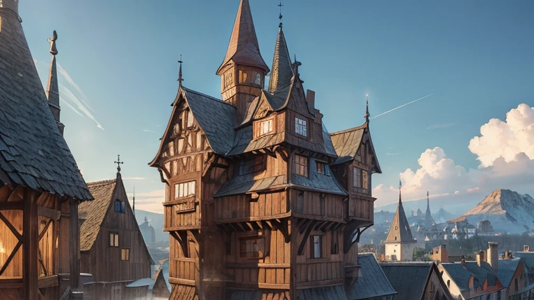 european medieval robust and complicated communal wooden house with a turret, low fantasy, crowded architecture