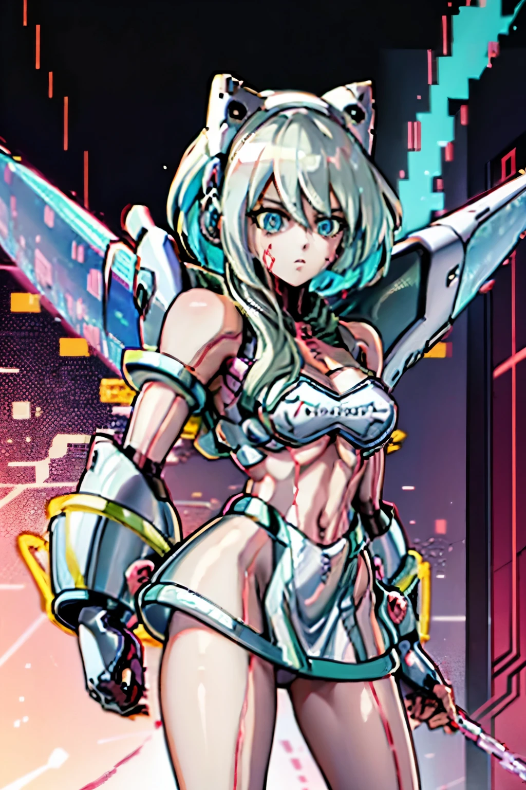 Android Girl,white hair, short and messy hair, ultra detailed face, Reploid, purple neon eyes, Holding a chain whip, chains wrapping her arm, very cute,