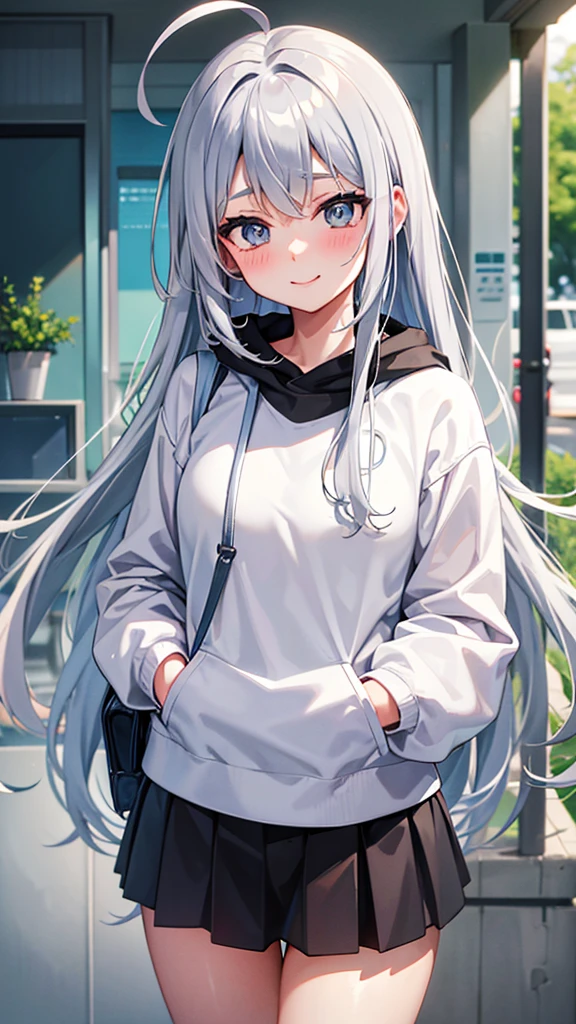 (detailed), it also has a cute whale tail, 17 year old young woman, cute, pretty and adorable, has beautiful long, bright gray hair, has a modern but cool and elegant clothing design, she really likes whales, therefore she has a whale design reference., grey hair, Ahoge, long hair, dilated pupils, BLUSH, smile, anime style, (best quality)), ((masterpiece))
