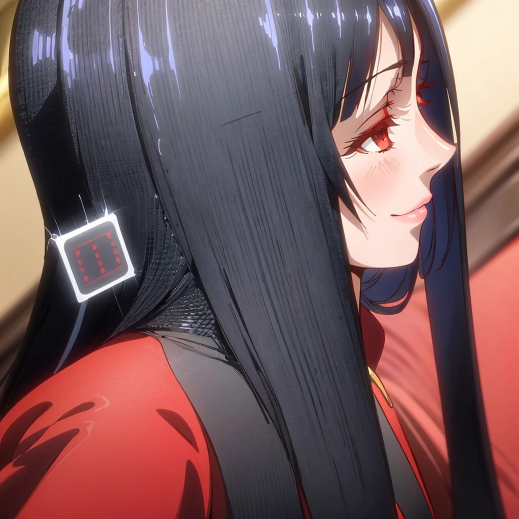 1girl, red blazer, black skirt, academic uniform, black hair, blush, frange émoussée, beautiful detailed eyes, beautiful detailed lips, extremely detailed face, long eyelashes, (best quality,4k,8k) loose hair, playing cards, light smile, big