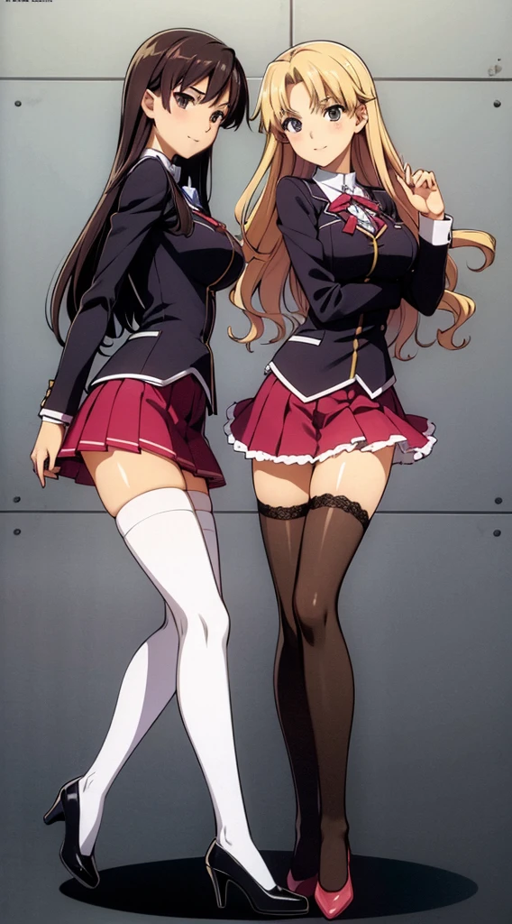 Masterpiece, high quality, 2girls, duo, identical twins, identical sisters, brown hair, curly hair, matching hairstyles, hazel eyes, medium sized bust, (school uniform, sexy school uniform, blazer, lace section, ribbon, rainbow short skirt, white thigh-high socks, black high heels, matching outfits), smile, flat_Farbe, full body, seductive pose, Duo pose: From the side angle, people's body curves are beautiful.