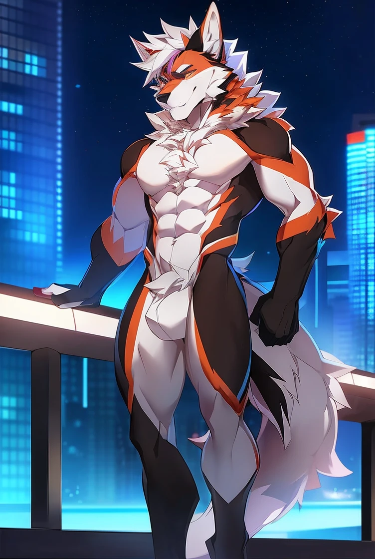 ((Solo)), male people, anthro wolf, (Multi-colored fur, White tail pointed), (Height 3meters,Tail length 2meters), Abs, pinginuscular, A long big tail, by patto, modern city