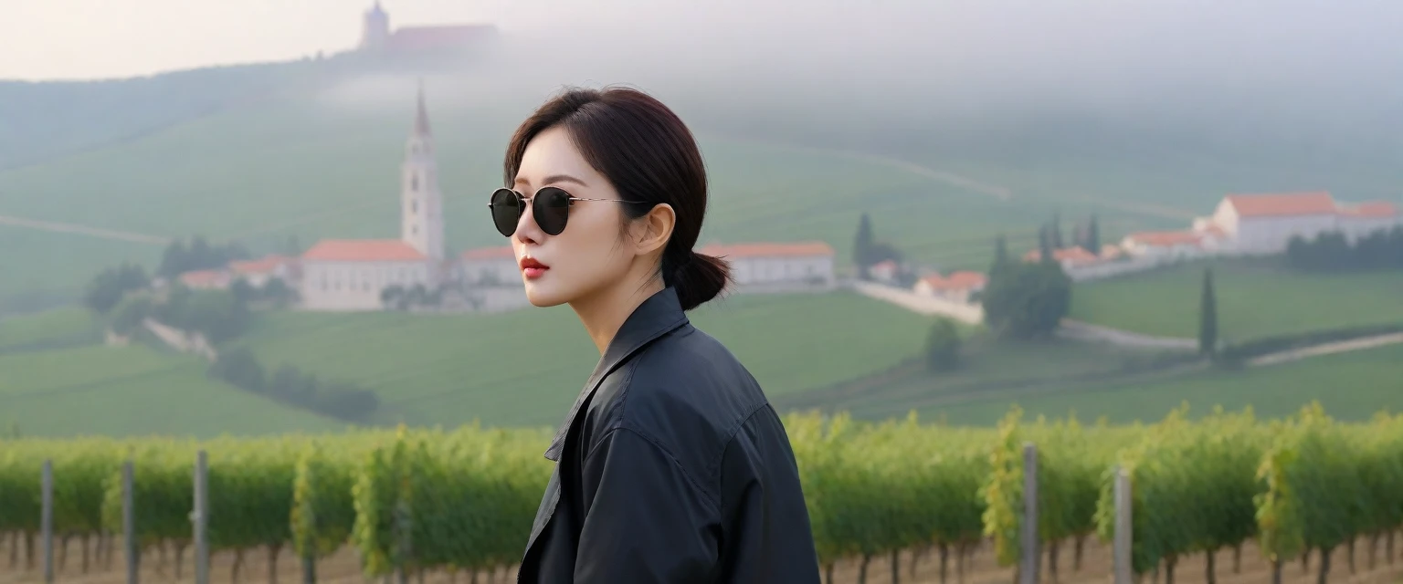 Beautiful 36-year-old Korean woman, Chest size 34 inches, The cathedral can be seen through the early morning fog past the vineyards in the Croatian countryside., The back background is realistic and vivid image quality, short and medium hair,her clothes are nice, Casual and British - (With a black windbreaker and sunglasses,Perfect and realistic photos, The background is realistic. Full body shot with Canon camera 16-35 wide angle lens, expressionless, Front photo looking at the camera from a vineyard hill covered in thick fog, 1 woman