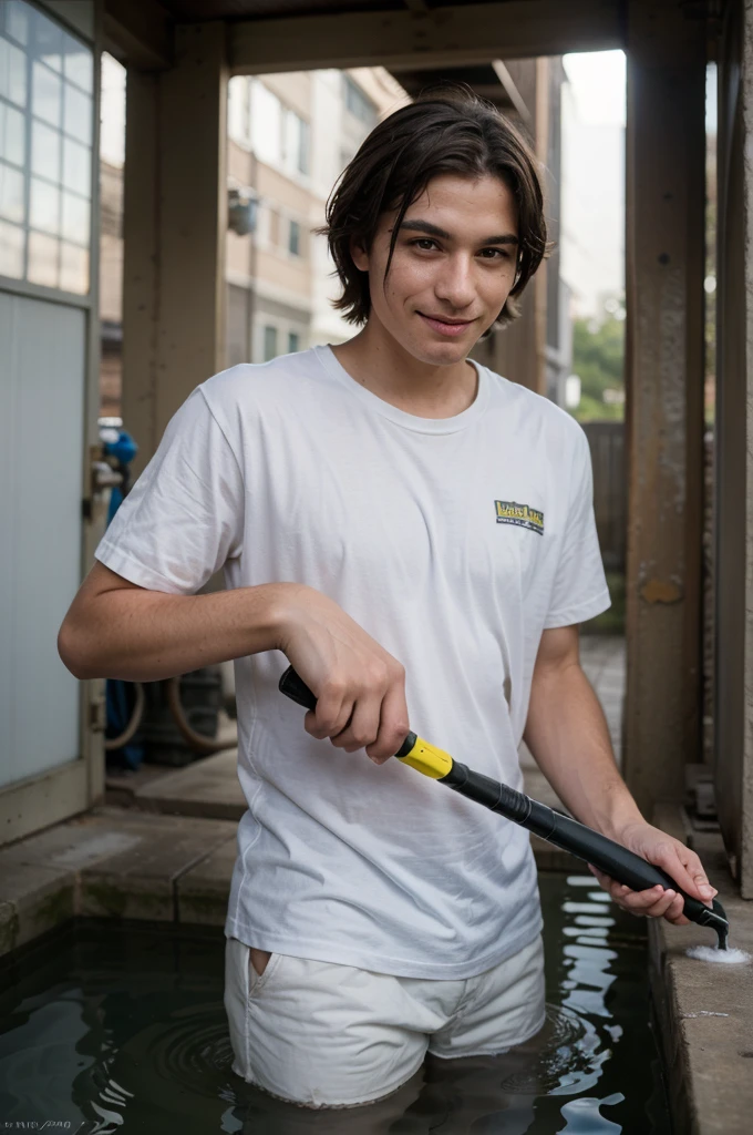 ((best quality)), ((masterpiece)), (detailed), 1man facing the camera ,worker outfit , using water karcher , smirk