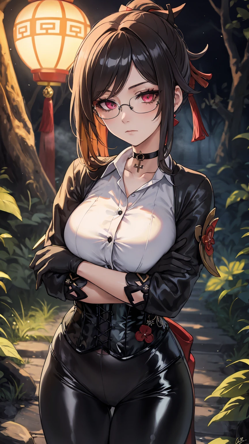 Masterpiece, Beautiful art, professional artist, 8k, detailed body, Very detailed face, very detailed eyes, Detailed clothing, detailed fabric, Best Quality, better resolution, 1 girl, Chiroi \(genshin impact\), crossed arms, View from the front, standing, serious expression, detailed eyes, round chinese glasses, choker:1.6, (white collar button down long sleeve shirt), (shiny black corset), black gloves that cover your hands, (shiny black leggings), looking at the viewer, dark path, dark forest, at night atmosphere, fog