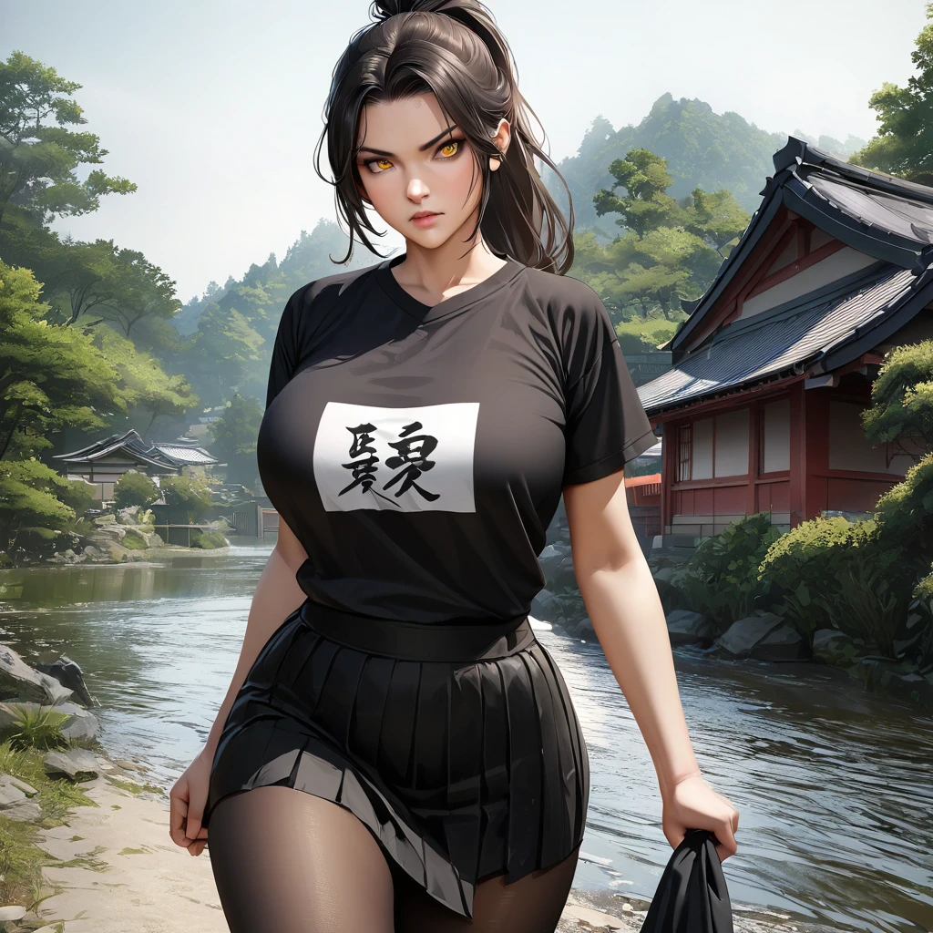 A woman wearing a black shirt with white kanji writing on the shirt, black skirt, yellow eye, transparent black tights, ponytail hair, black hair, long hair, white bow in her hair, serious face, big breasts, walking outside a Japanese house traditional, with trees, and river. place of day,.HDR, ultra resolution, well defined, masterpiece, 8K HD. (solo woman), realistic, close view.