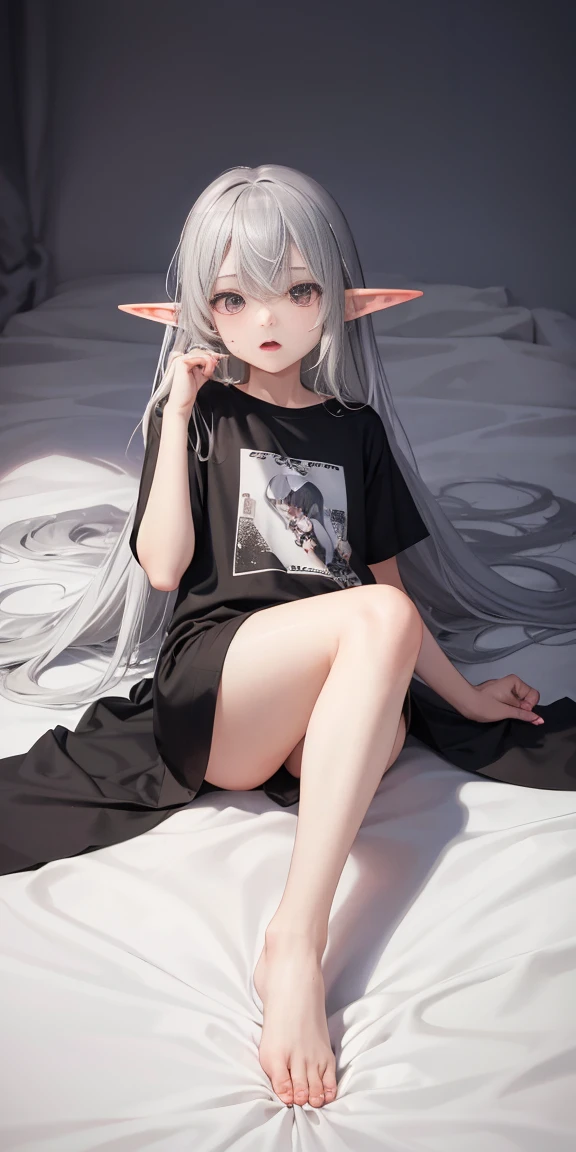 Elf Girl、8-year-old、Medium-long silver hair、Silver Eyes、Big black t-shirt、No bottoms worn、barefoot、Seductive expression、Full body portrait