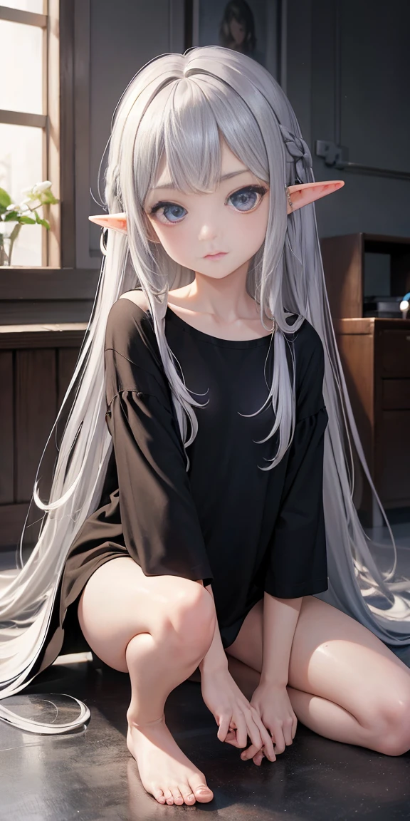 Elf Girl、8-year-old、Medium-long silver hair、Silver Eyes、Big black t-shirt、No bottoms worn、barefoot、Seductive expression、Full body portrait