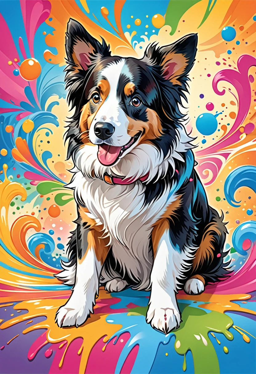 vectorial art, Colorful illustration with many cute border collies, At the center, swirly vibrant colors, paint splashes and smears, high détail,Hawaiian style background
