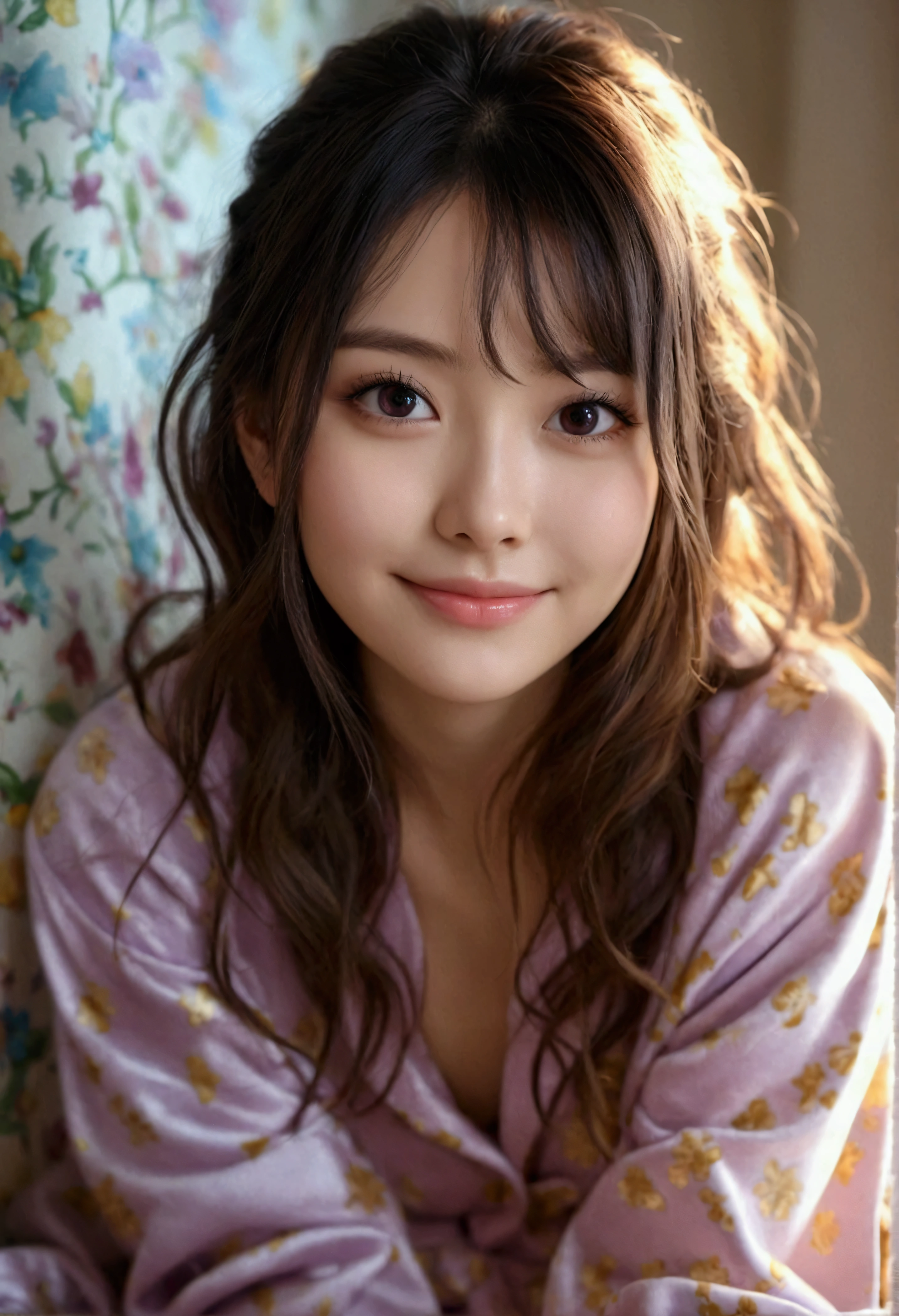 1 Girl,(wearing light purple pajamas:1.2),(RAW Photos, Highest quality), (Realistic, Realistic:1.4), Tabletop, Very delicate and beautiful, Very detailed, 2k wallpaper, wonderful, In detail, Very detailedなCGユニティ8K壁紙, Very detailed, High resolution, Soft Light, Beautiful detailed girl, Very detailed目ダと顔, Beautiful and sophisticated nose, Beautiful and beautiful eyes,Cinema Lighting, Perfect Anatomy, Glamorous body, smile, Wavy long hair, (Random body orientation), face looking at the camera,Inside a room where I live alone