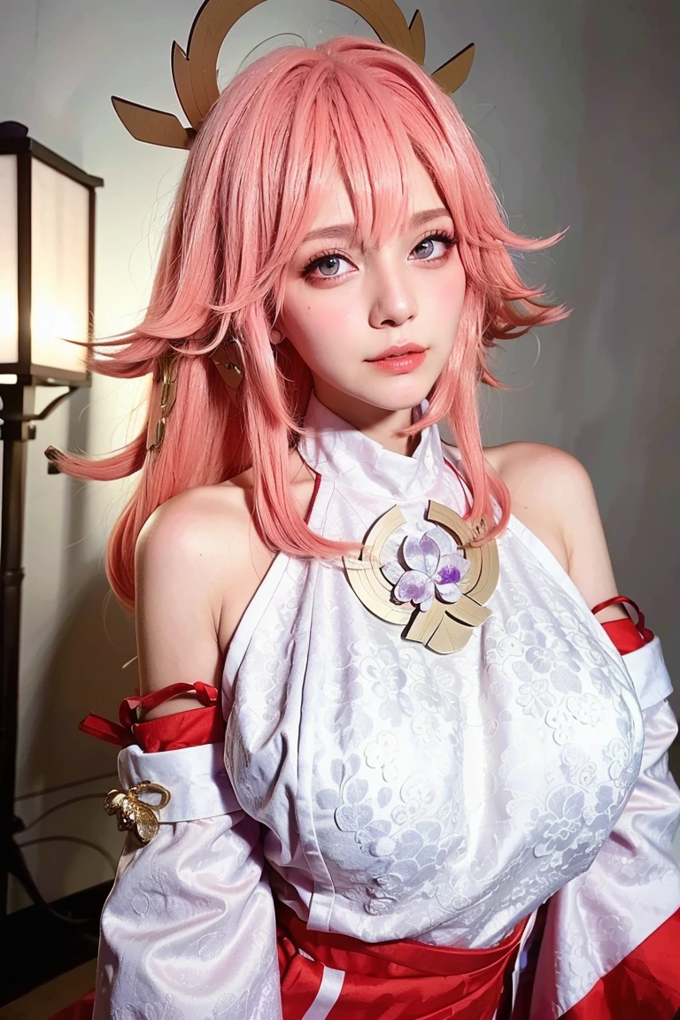 masterpiece, best quality,(Kpop idol), masterpiece, best quality,official art,(8k, best quality, masterpiece:1.2), (realistic, photo-realistic:1.37), ultra-detailed,(realistic humid skin:1.3),(detailed face), detailed eyes,(aegyo sal:1),physically-based rendering,RAW photo,photon mapping, radiosity,detached sleeves,japanese clothes,gradient hair ,bare shoulders,detached sleeves,hair ornament,depth of field,jewelry, purple eyes, earrings, (very huge round breasts, big breasts: 1.3), torii,shrine,cherry blossoms,upper body, Cherry tree,cherry blossoms falling