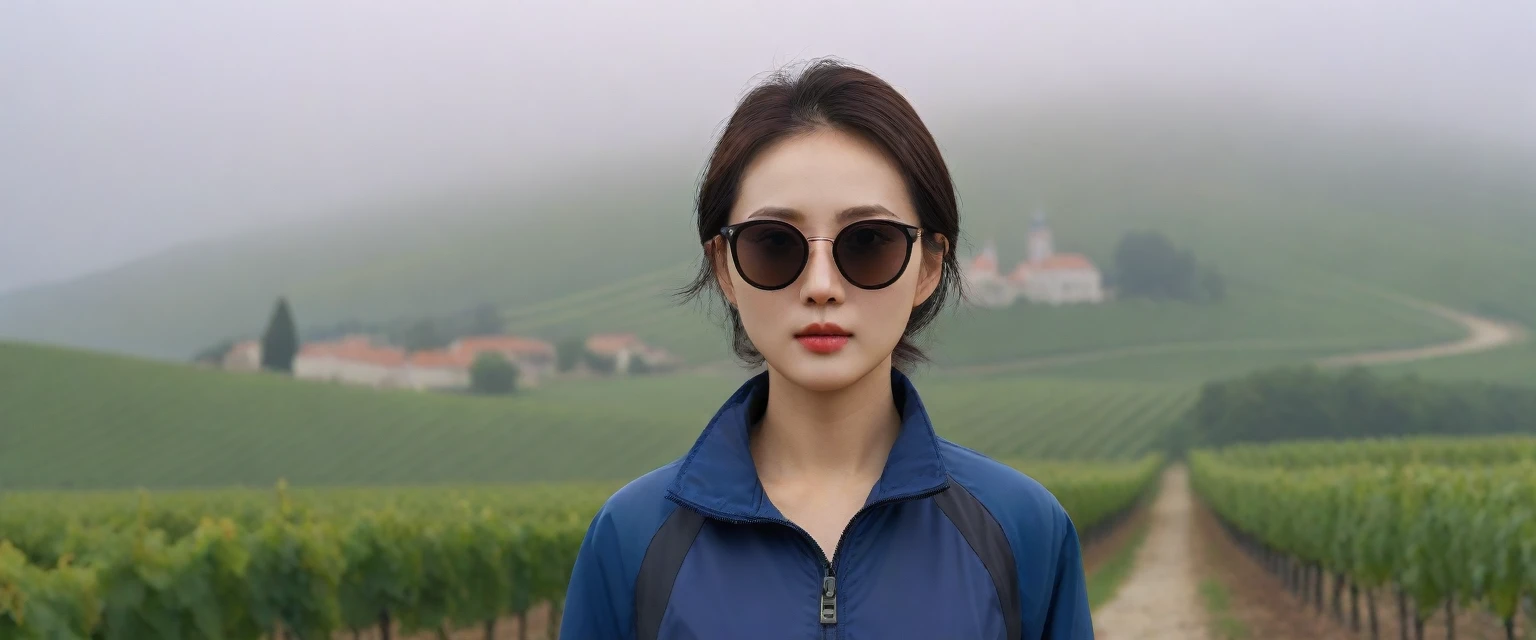 Beautiful 36-year-old Korean woman, Chest size 34 inches, The cathedral can be seen through the early morning fog past the vineyards in the Croatian countryside., The back background is realistic and vivid image quality, short and medium hair,her clothes are nice, Casual and British - (With a black windbreaker and sunglasses,Perfect and realistic photos, The background is realistic. Full body shot with Canon camera 16-35 wide angle lens, expressionless, Front photo looking at the camera from a vineyard hill covered in thick fog, 1 woman