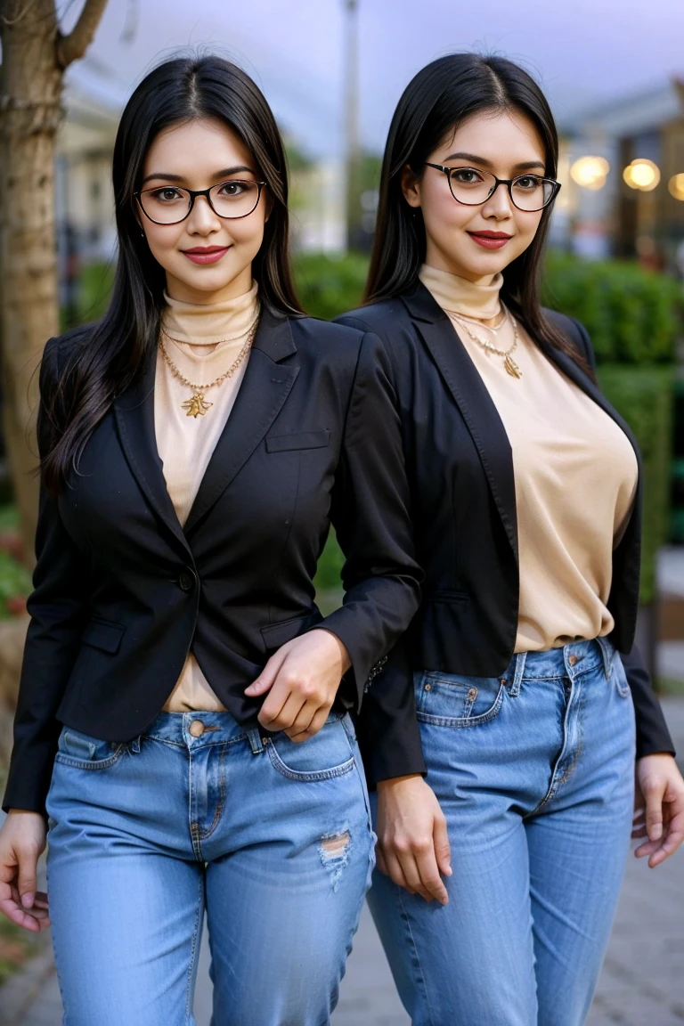 1girl chubby, long hair, looking at viewer, smile, black collar jacket, very thin white shirt seeing silhouette of her large breast, black hair, navel, white tube, brown eyes, large jewelry, standing, glasses, unbutton pants, large necklace, mole, multiple views, buttons, ring, denim, large black-framed eyewear, mole on breast, jeans, realistic, background at the night with city light