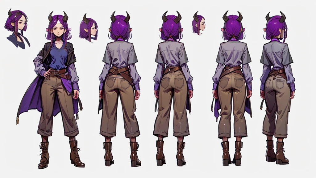 (Masterpiece, best quality), detailed, 1girl, ((character concept art)), ((character design sheet, same character, front, side, back)), many items, (Tiefling Girl, purple hair, purple skin, purple horns, flat chest, slim, high,in a linen shirt and gray-brown pants with a belt, in leather boots, medieval clothing, stands tall