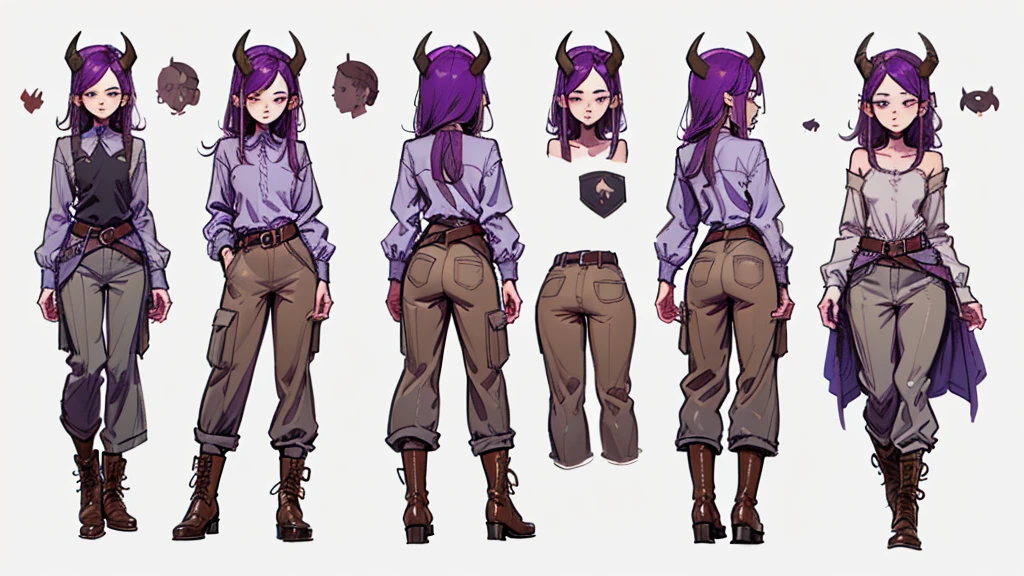 (Masterpiece, best quality), detailed, 1girl, ((character concept art)), ((character design sheet, same character, front, side, back)), many items, (Tiefling Girl, purple hair, purple skin, purple horns, flat chest, slim, high,in a linen shirt and gray-brown pants with a belt, in leather boots, medieval clothing, stands tall