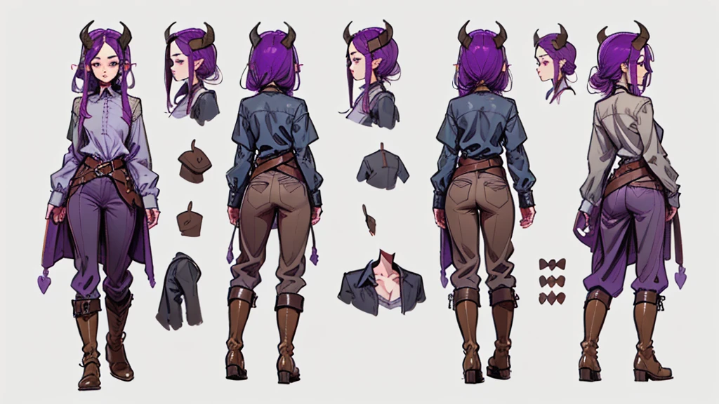 (Masterpiece, best quality), detailed, 1girl, ((character concept art)), ((character design sheet, same character, front, side, back)), many items, (Tiefling Girl, purple hair, purple skin, purple horns, flat chest, slim, high,in a linen shirt and gray-brown pants with a belt, in leather boots, medieval clothing, stands tall