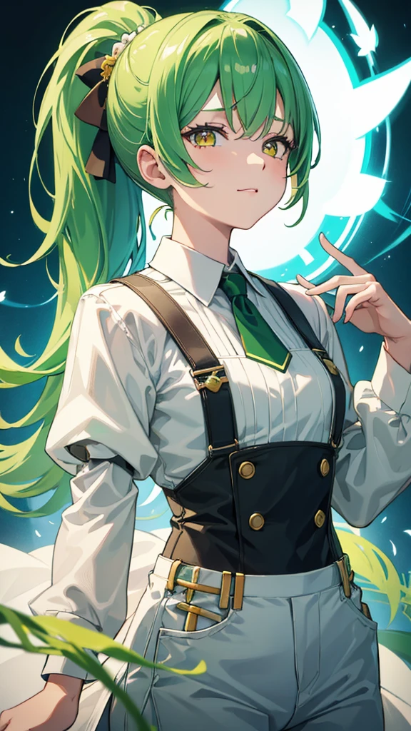 upper body,1girl,green hair,yellow eyes,long ponytail,white suit,green overalls,紫の蝶ネクタイ,detailed face,central framing,mesugaki,hyper detailed,cinematic lighting,best quality,masterpiece,blue background