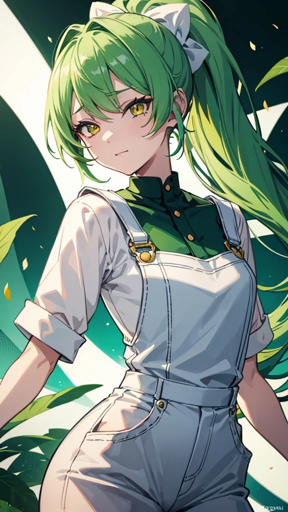 upper body,1girl,green hair,yellow eyes,long ponytail,white suit,green overalls,紫の蝶ネクタイ,detailed face,central framing,mesugaki,hyper detailed,cinematic lighting,best quality,masterpiece,blue background