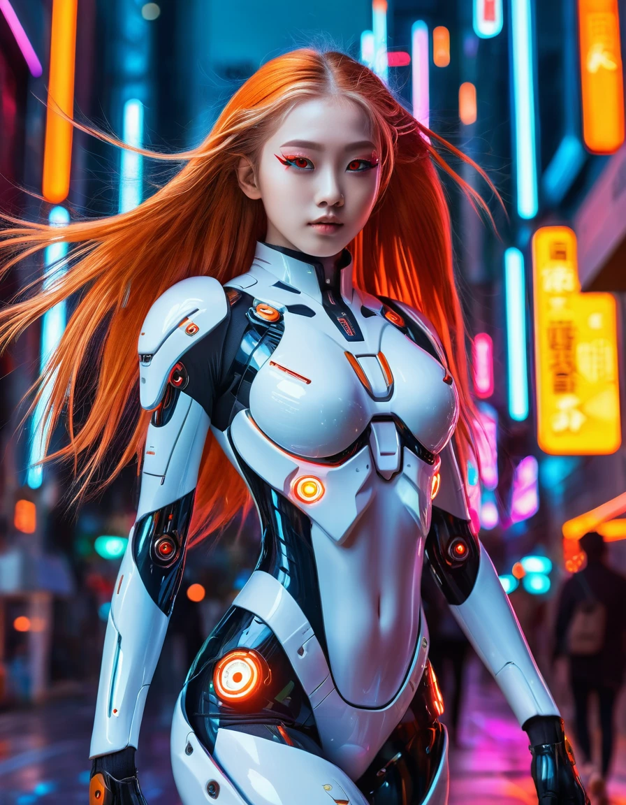 (sfw), intricate details, 1 girl, evening, (bright neon colors), ((flying over futuristic cyberpunk city)), detailed background, (little cyborg girl, ((perfect cute face, bright and shiny red eyes)), (perfect anatomy), (Absurdly Long Ombre Orange and White Hair, hair blowing in the wind)), impossible detailed ribbed bodysuit, shoulder armor, cyber members, dynamic angle,