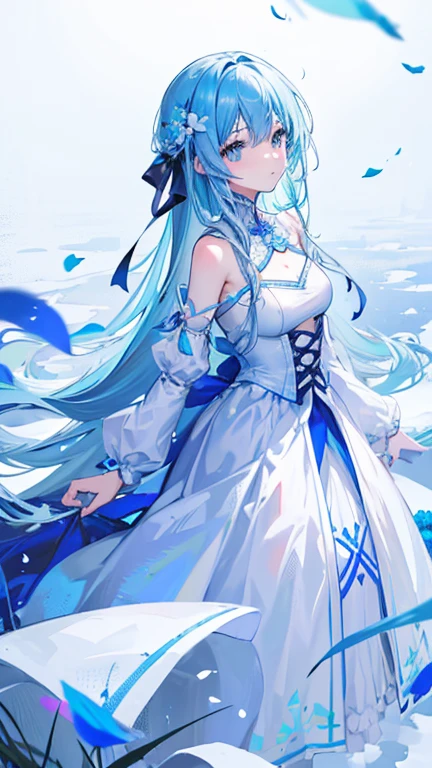 (Absurd, High resolution, Super detailed, 超High resolution, Cinematic), alone, One girl, mature, Happy, girl standing in Light blue flower field, Light blue flower petal surrounding girl, whole body, Girl with blue long hair, Light blue hair, Fantasy, dream-like, the snow&#39;s, Official Art, Pop Art, profile, Super detailed face, Super detailed eyes, Light blue flower field, Super detailed field, white blue sky, cold, Light blue, white,  Nebula in the sky, Blue Tree, watercolor, pastel colour