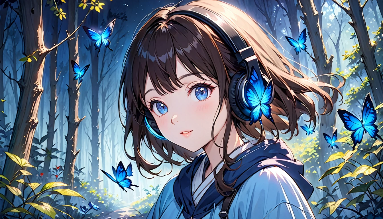 High resolution, An unparalleled masterpiece, Detailed Background, Perfect good lighting, Volumetric lighting, Shadows in the movie,Glowing Skin, wonderful,Bright expression, Refreshing and gentle look, Perfect beautiful face,Beautiful shiny bangs, Very beautiful 17 year old girl, eyeliner, Girl wearing headphones,Brown Hair,1 person,in the forest,Mystical Night,Mysterious blue butterfly