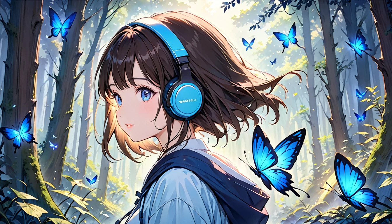 High resolution, An unparalleled masterpiece, Detailed Background, Perfect good lighting, Volumetric lighting, Shadows in the movie,Glowing Skin, wonderful,Bright expression, Refreshing and gentle look, Perfect beautiful face,Beautiful shiny bangs, Very beautiful 17 year old girl, eyeliner, Girl wearing headphones,Brown Hair,1 person,in the forest,Mystical Night,Mysterious blue butterfly