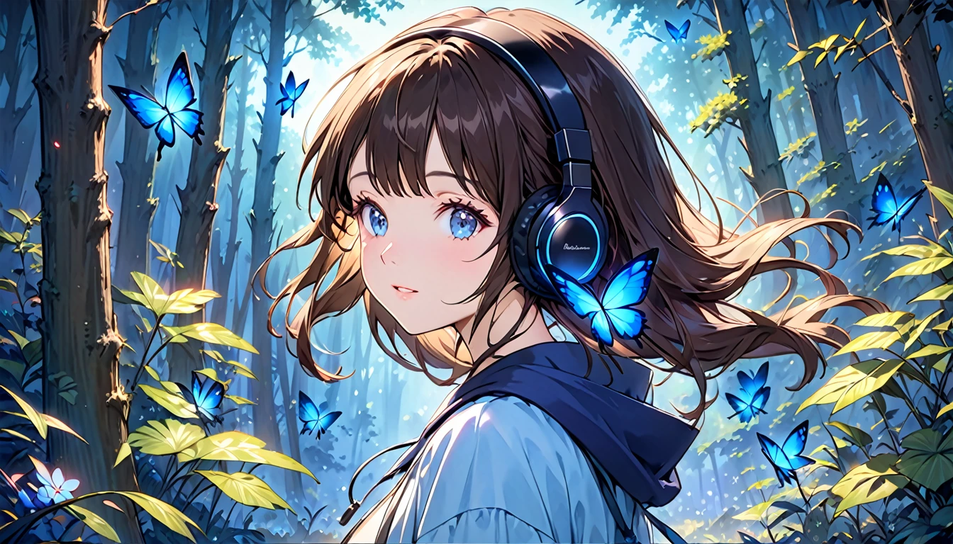 High resolution, An unparalleled masterpiece, Detailed Background, Perfect good lighting, Volumetric lighting, Shadows in the movie,Glowing Skin, wonderful,Bright expression, Refreshing and gentle look, Perfect beautiful face,Beautiful shiny bangs, Very beautiful girl, eyeliner, Girl wearing headphones,Brown Hair,1 person,in the forest,Mystical Night,Mysterious blue butterfly