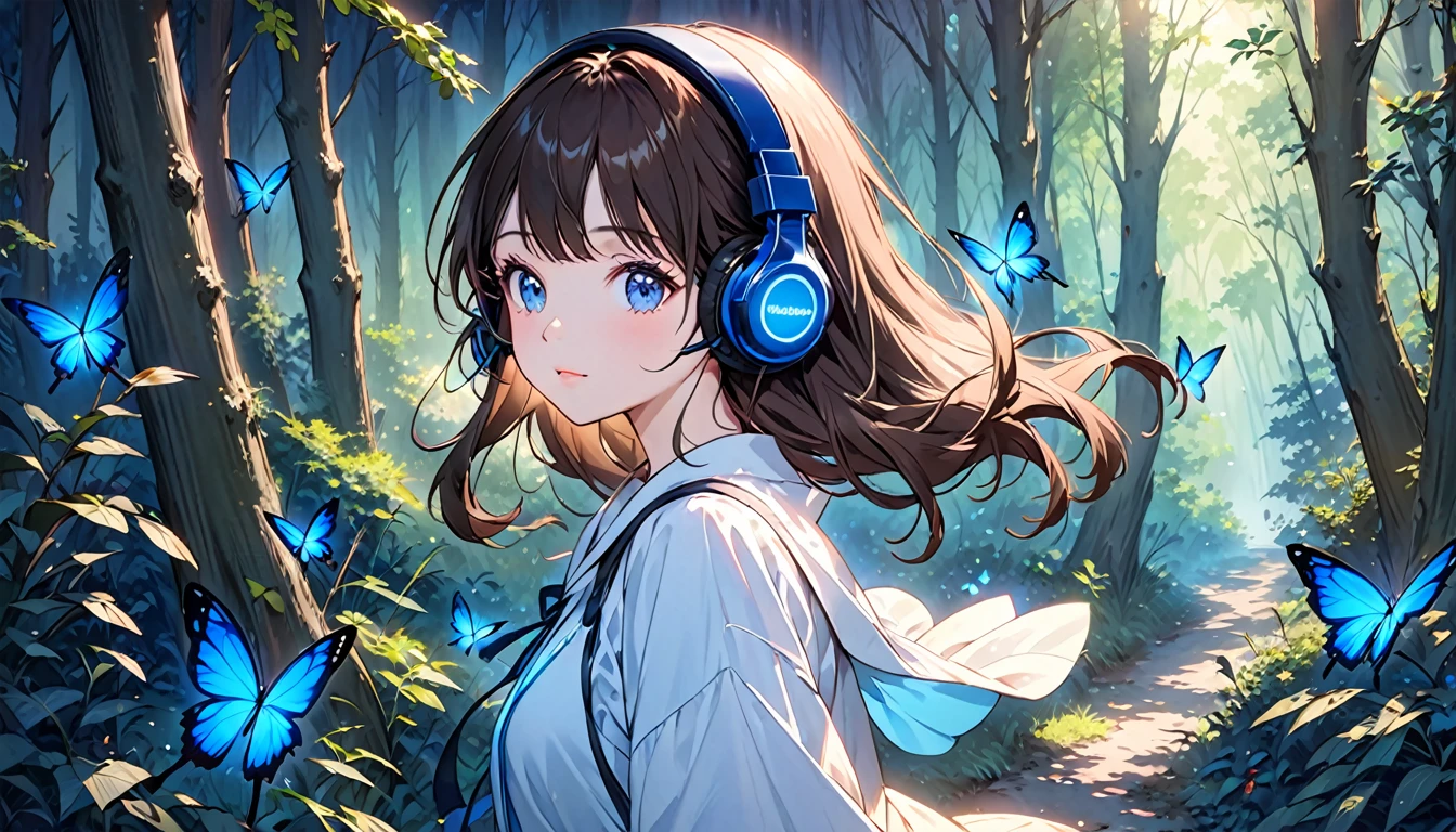 High resolution, An unparalleled masterpiece, Detailed Background, Perfect good lighting, Volumetric lighting, Shadows in the movie,Glowing Skin, wonderful,Bright expression, Refreshing and gentle look, Perfect beautiful face,Beautiful shiny bangs, Very beautiful 17 year old girl, eyeliner, Girl wearing headphones,Brown Hair,1 person,in the forest,Mystical Night,Mysterious blue butterfly
