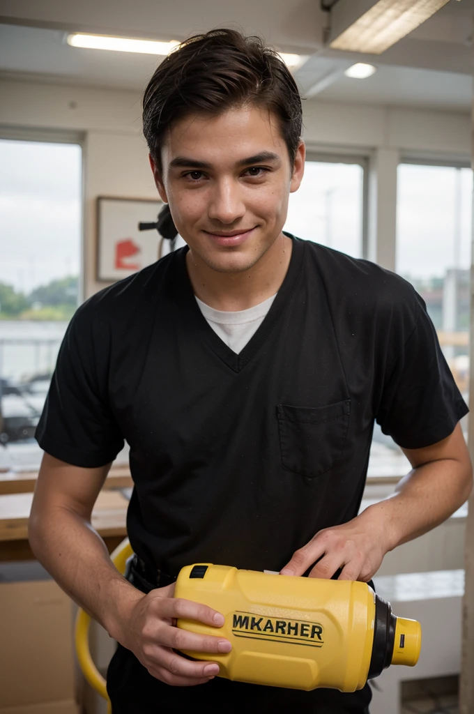((best quality)), ((masterpiece)), (detailed), 1man facing the camera ,((worker outfit)) , using water karcher , smirk