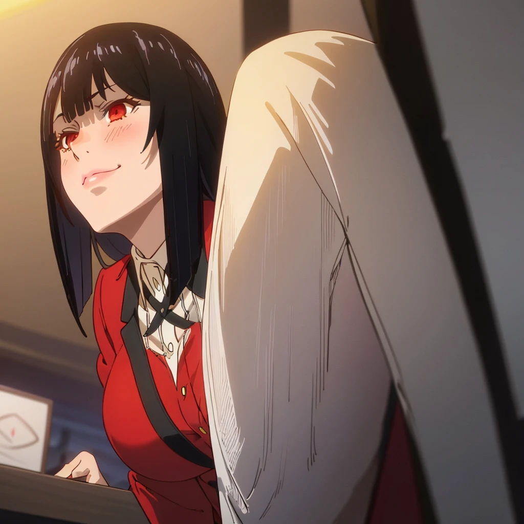 1girl, red blazer, black skirt, academic uniform, black hair, blush, frange émoussée, beautiful detailed red eyes, beautiful detailed lips, extremely detailed face, long eyelashes, (best quality,4k,8k) loose hair, playing cards, light smile, big big big big  , very blush, arched back