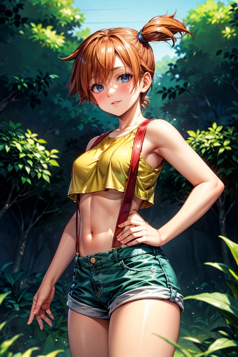 from side, belowview,,Dutchangle,soro focus.,(upperbody:1),(,best quality, ultra detailed),superfineillustration,anime studio,highly detailed, (detailed background, complex background:1.2), (perfect face, detailed face), full-face blush, (smile, happy), (milf, mature girl) misty_(pokemon), short hair,side ponytail, looking at viewer, smile, blush, navel, shorts, blue eyes, (suspenders), shirt, crop top,beautiful abs,(beautiful under_boob), midriff, short shorts, medium breasts,(beautiful body),(skiny skin).(). (outdoors, garden, thighs,standing),depth of field,(professional lighting,cinematic lighting,lens flare.beautifully lit),(hands on hips) ,misty_(pokemon),