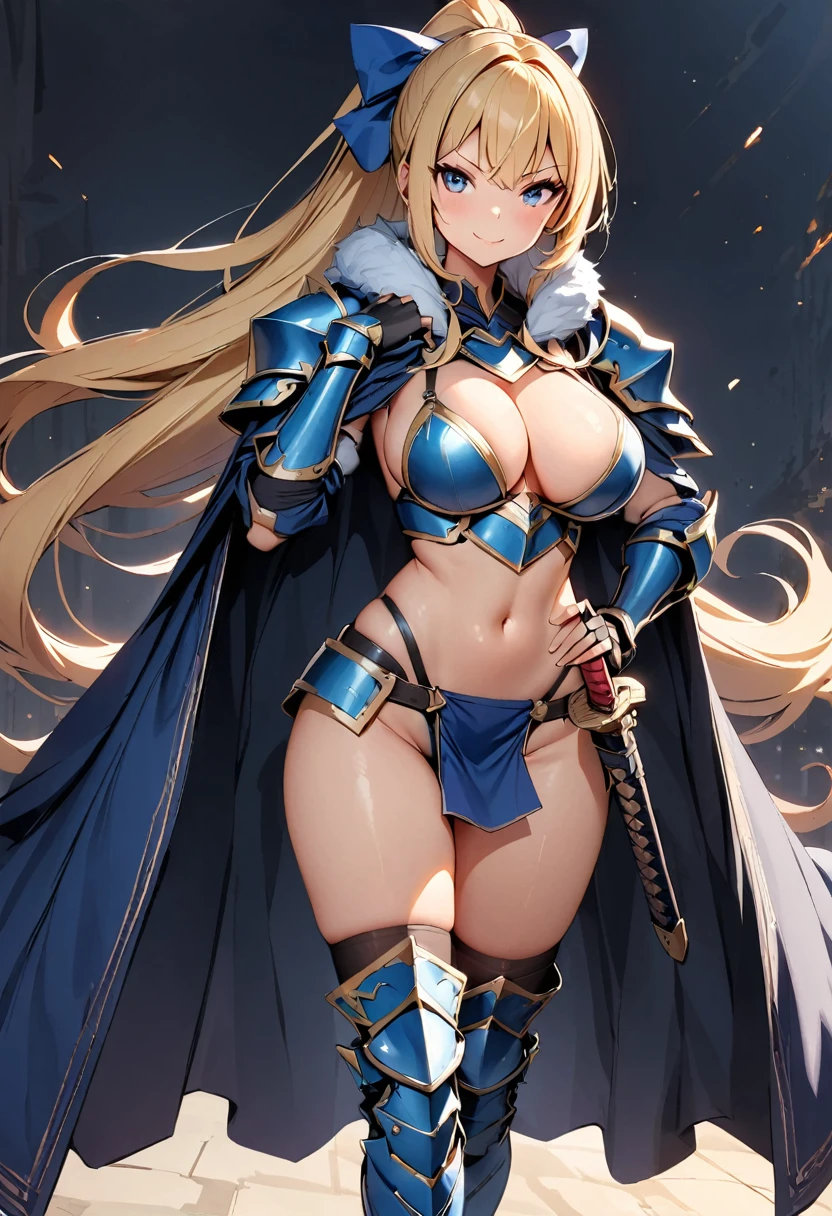 masterpiece, best quality, 1girl, breasts, solo, blonde-hair, blue-eyes, pelvic-curtain, navel, armor, large-breasts, ponytail, cape, cleavage, gloves, weapon, looking-at-viewer, smile, boots, fingerless-gloves, full-body, very-long-hair, standing, revealing-clothes, bikini-armor, black-gloves, fur-trim, simple-background, thighhighs, stomach, hand-on-hip, gauntlets, shoulder-armor, hair-bow, closed-mouth, bow, high-heels, midriff, armored-boots, hand-up, thigh-boots, thighs, ribbon, hair-between-eyes, v-shaped-eyebrows, blush, hair-ribbon, sheath