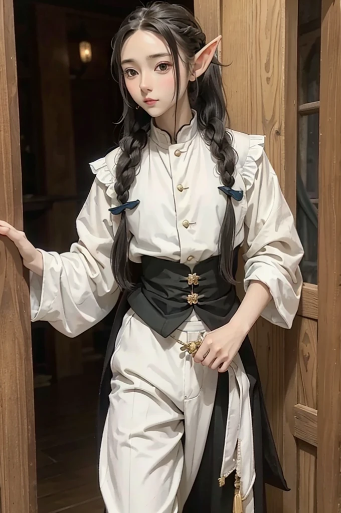 elf, young cute boy, long hair, braids, young, cute, ,medieval clothes, black and white clothes, jester, tanned skin, pants, tied hair, pony tail