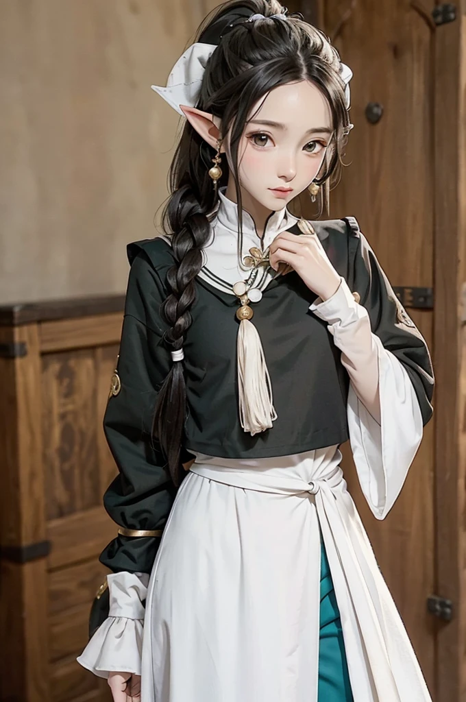 elf, young cute boy, long hair, braids, young, cute, ,medieval clothes, black and white clothes, jester, tanned skin, pants, tied hair, pony tail