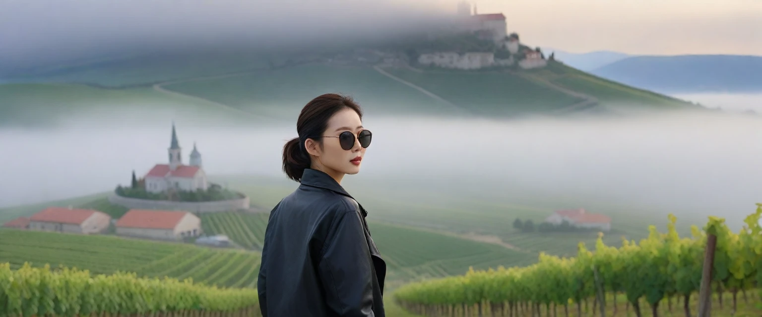 Beautiful 36-year-old Korean woman, Chest size 34 inches, The cathedral can be seen through the early morning fog past the vineyards in the Croatian countryside., The back background is realistic and vivid image quality, short and medium hair,her clothes are nice, Casual and British - (With a black windbreaker and sunglasses,Perfect and realistic photos, The background is realistic. Full body shot with Canon camera 16-35 wide angle lens, expressionless, Front photo looking at the camera from a vineyard hill covered in thick fog, 1 woman, Pictures of the whole body