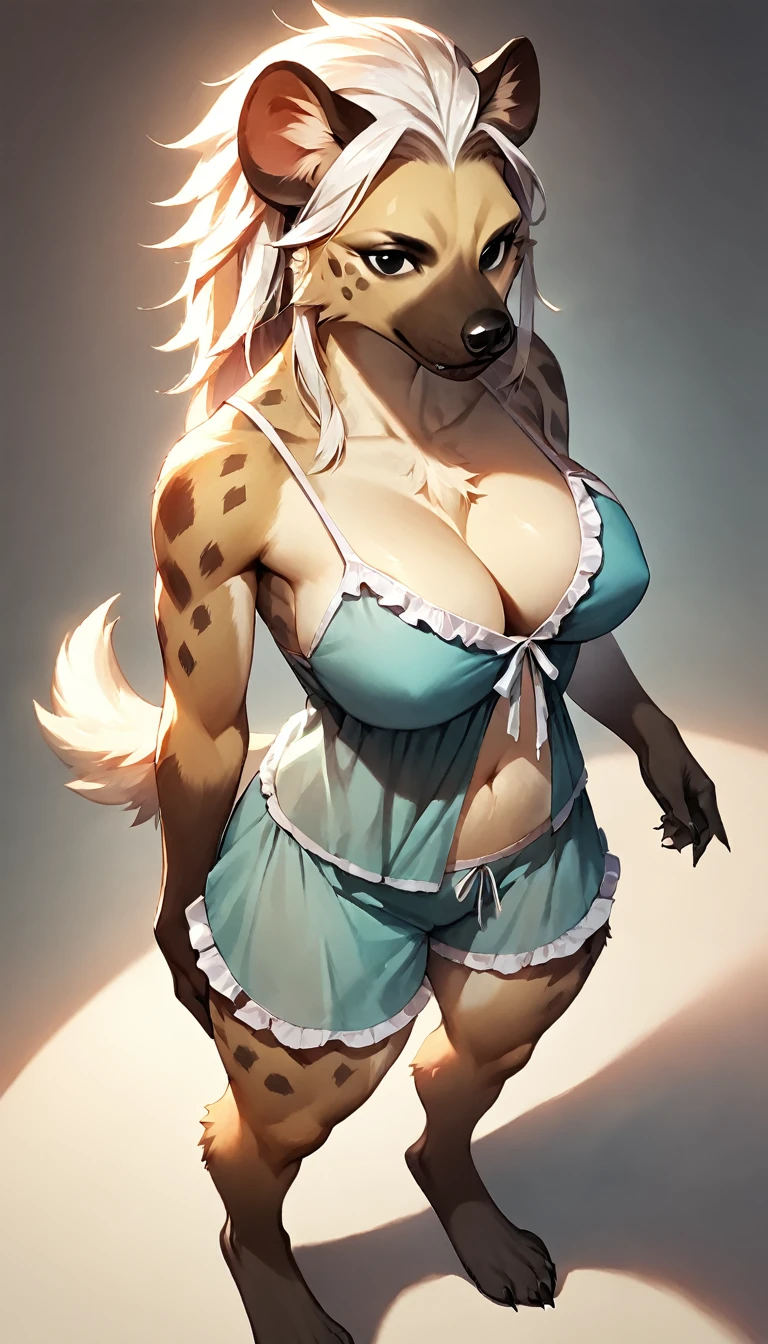 score_9, score_8_up, score_7_up, score_6_up, score_5_up, score_4_up, (solo), female anthro hyena,  doll_pajamas shorts, lusty, fluffy body, long blond hair, black eyes, (thick thighs:1.5)((( offering the breasts))) (fit_body) ( she is standing) (high_angle_view) (barely_visible_booba) , giant breasts, 