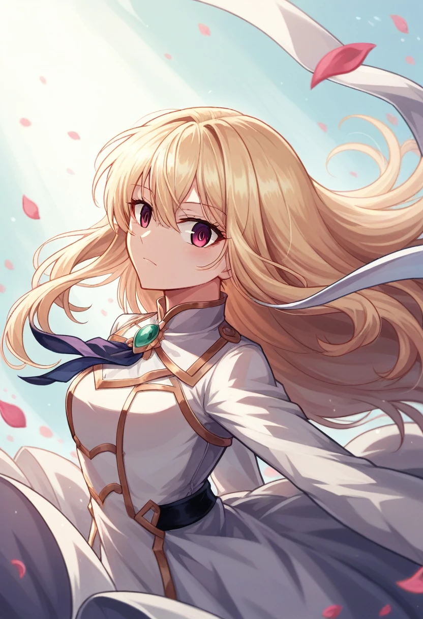 (Dynamic Angle:1.3),Extreme close up,the wind is strong,映画ofハイライト,1人of女of子,Upper Body,dancing,View your viewers, violet_Evergarden, alone, jewelry, blank eye,brooch, blonde_hair,( vevry long hair:1.2),floating hairlong_sleeve, ribbon, green_eye, Jacket, dress, gem, hair_ribbon,null, depth_of_Field, a close view of flying petal,
