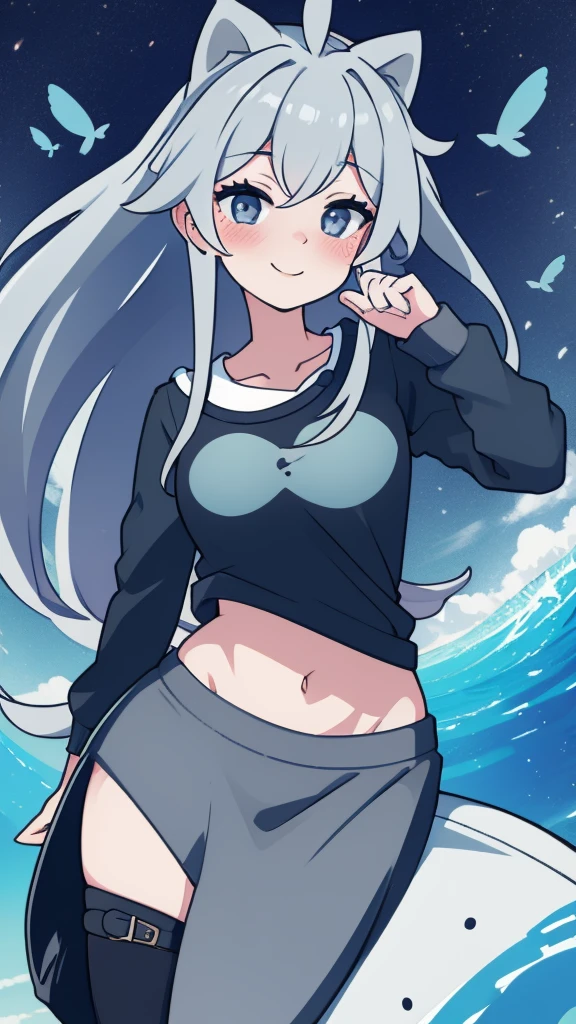 (detailed), it also has a cute whale tail, 17 year old young woman, cute, pretty and adorable, has beautiful long, bright gray hair, has a modern but cool and elegant clothing design, she really likes whales, therefore she has a whale design reference., grey hair, Ahoge, long hair, dilated pupils, BLUSH, smile, anime style, (best quality)), ((masterpiece))