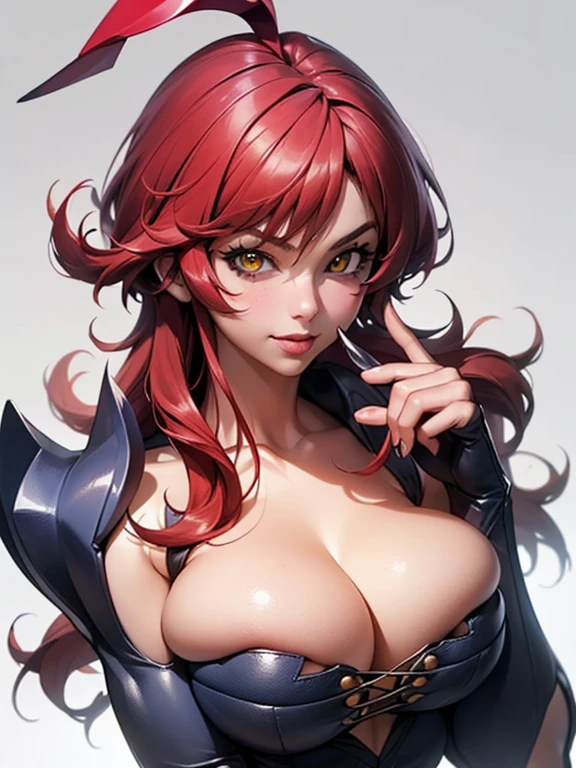 (masterpiece, top quality, best quality, official art, beautiful and aesthetic:1.2), (1girl:1.3), (masane amaha), ((witchblade)), (red hair), extremely detailed, portrait, long hair, looking at viewer, solo, (full body:0.6), detailed background, close up, yellow eyes, (cool space ship theme:1.1), (((beautiful skin, clawed fingers))), charlatan, sinister smirk, mysterious, in a spaceship, (witchblade armor), black leather, long boots, collar, sleeveless, black latex, ((((large breasts, cleavage, skindentation)))), slim waist, slim hips, long legs, futuristic background, dark mysterious lighting, shadows, magical atmosphere, dutch angle, (Aletta ocean face)
