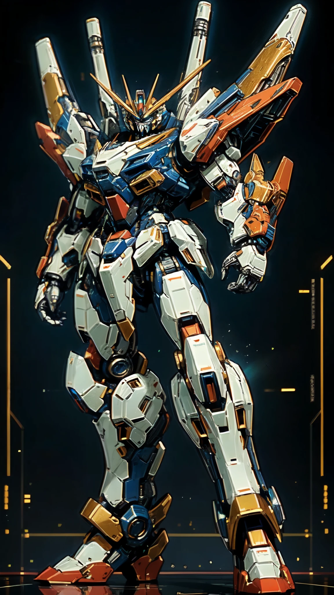 (masterpiece:1.5, best quality:1.5, extremely delicate:1.5, foreshortening:1.5, dynamic angle:1.5), humanoid Mecha, fully enclosed shoulder guards, matching arm and leg guards, full body, full armor, the design balances heavy with agility, (the color scheme is primarily white with red and blue accents, the concept Inspired by Super robot, organic biotech armor, standing, floating high above the futuristic sci-fi city), exquisite and mature art style, (aura effect, energy, glowing eyes, the armor glows), ((SRS)), metallic, dramatic, high definition, highres, ultra-detailed, ultra-fine painting, professional, perfect body proportions, anatomically correct, symmetrical face, extremely detailed eyes and face, high quality eyes, creativity, RAW photo, UHD, 32k, Natural light, cinematic lighting, masterpiece-anatomy-perfect