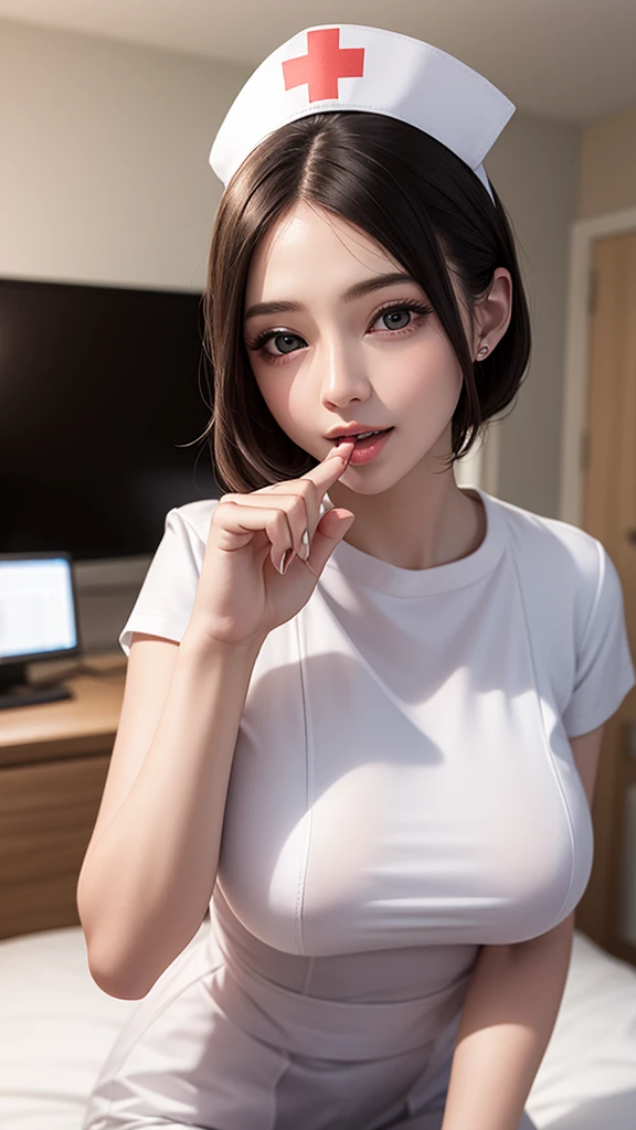 (masterpiece,ultra-detailed,best quality,8K,CG,illustration,shaved:1.0),(1girl:1) 、Dark Room、bedroom、Sexy gestures and faces、Sexy, jyojifuku,nurse